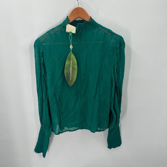FARM RIO NWT Ruffled Long Sleeve Swiss Dot Blouse in Emerald // L - Picture 14 of 15
